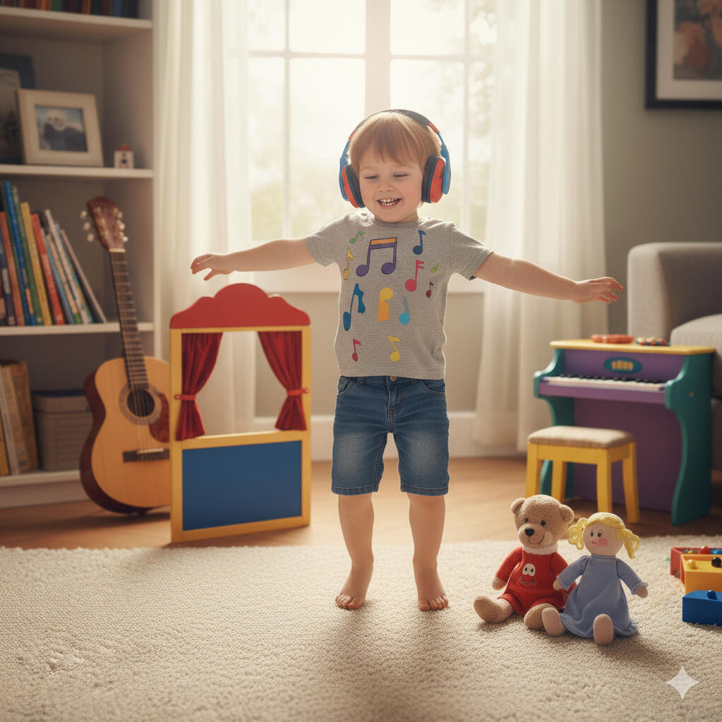Dance A happy child wearing colorful headphones, in a bright room twirls gracefully with arms outstretched, wearing a flowing costume while dancing through sunbeams on a polished wooden floor.