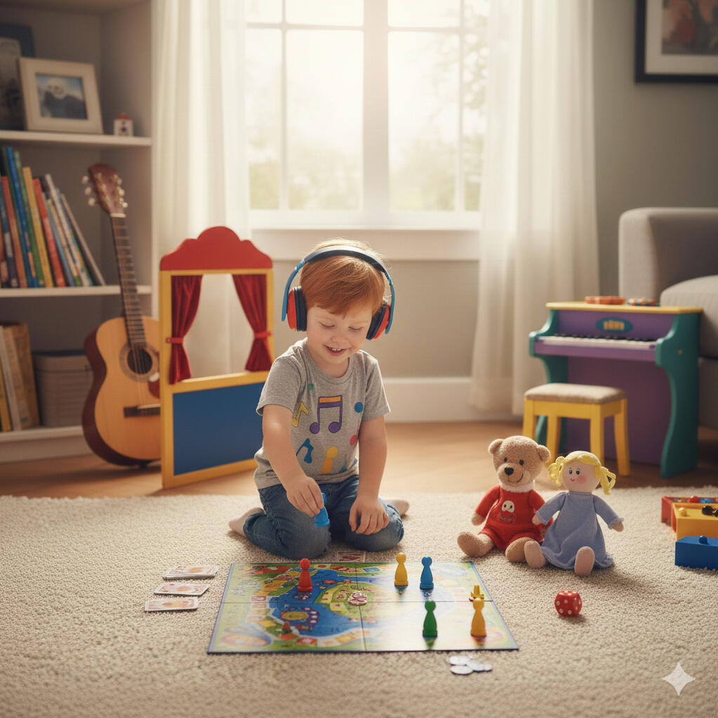 Games A joyful child sits on a colorful rug wearing colorful headphones, focused and laughing while playing a strategic board game surrounded by building blocks and classic wooden puzzles.