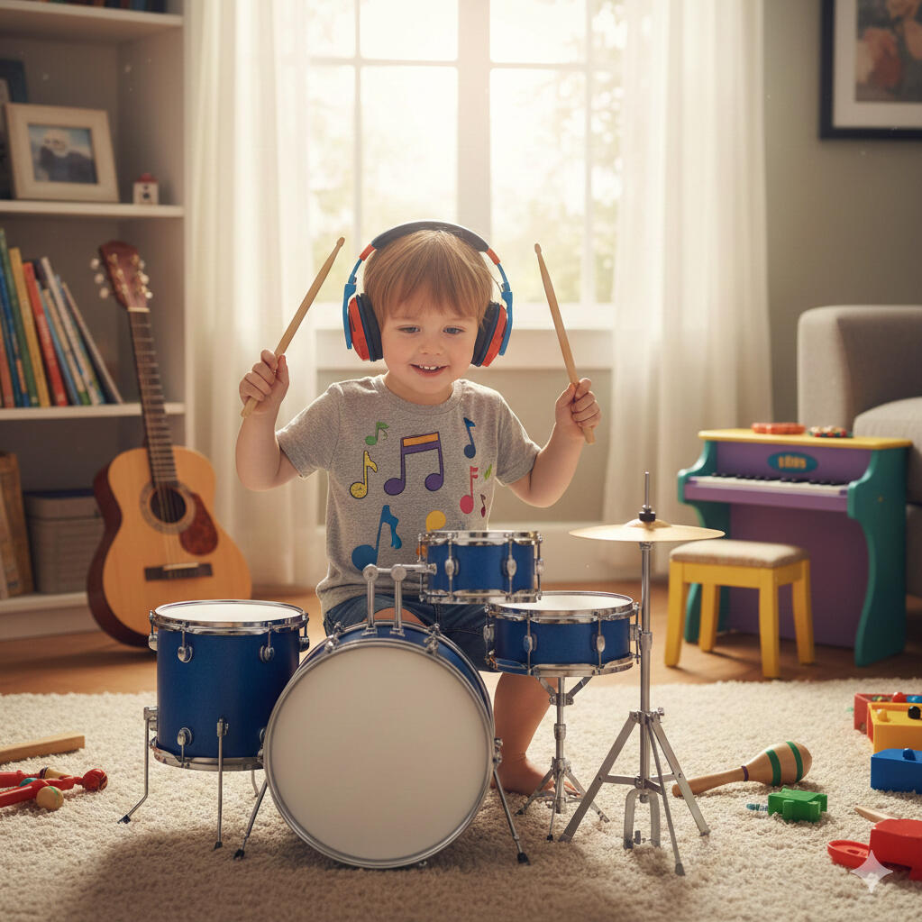 Music A young child wearing colorful headphones happily plays a miniature blue drum set in a sunlit playroom filled with various musical instruments and creative toys.
