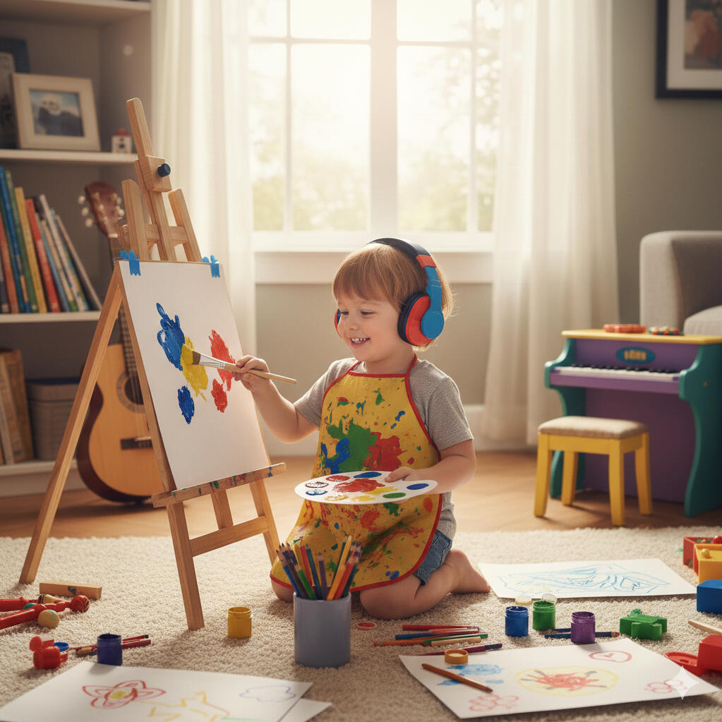 Art An imaginative child wearing colorful headphones, smiles while painting a vibrant masterpiece on a large canvas, surrounded by colorful paint jars, brushes, and creative splatters in a bright studio.