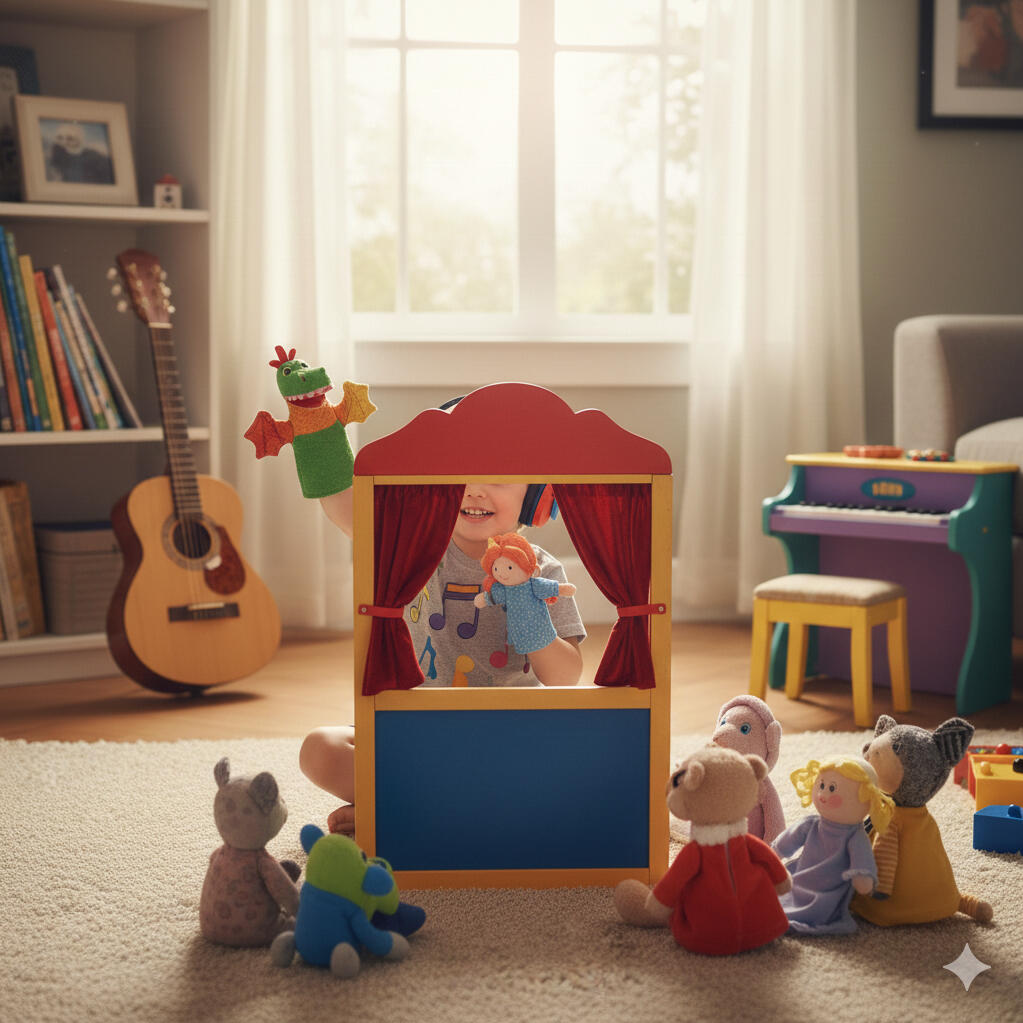 Storytelling An expressive child wearing colorful headphones, sits cross-legged on a cozy rug, animatedly sharing a story from an open picture book to an audience of attentive, fuzzy stuffed animals.